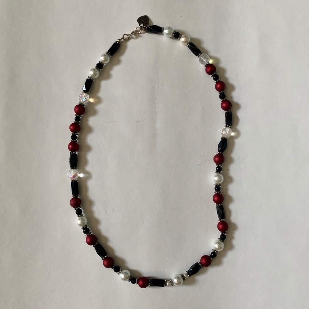 Red, black, and pearl necklace